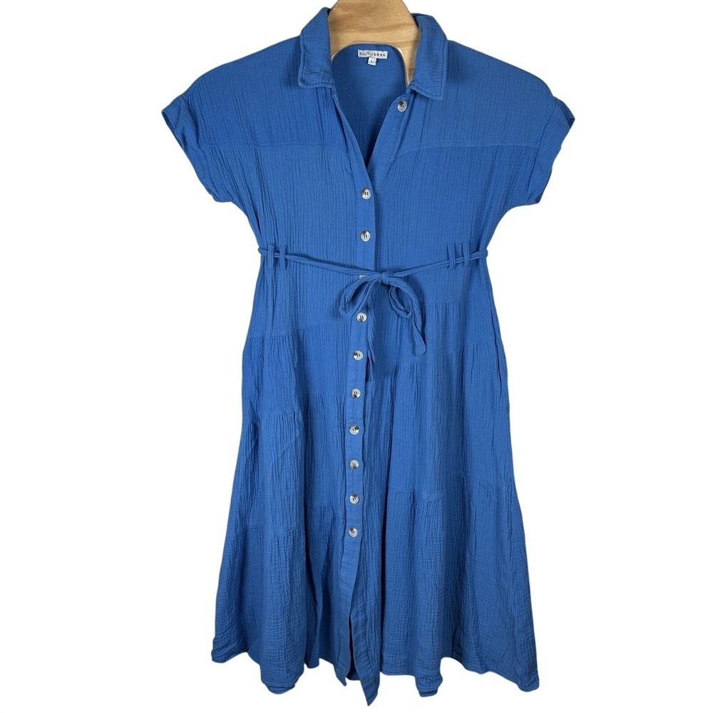 Baltic Born Aizey Button Up Maxi Dress Sz Large Blue Belted Cotton Gauze Pockets
